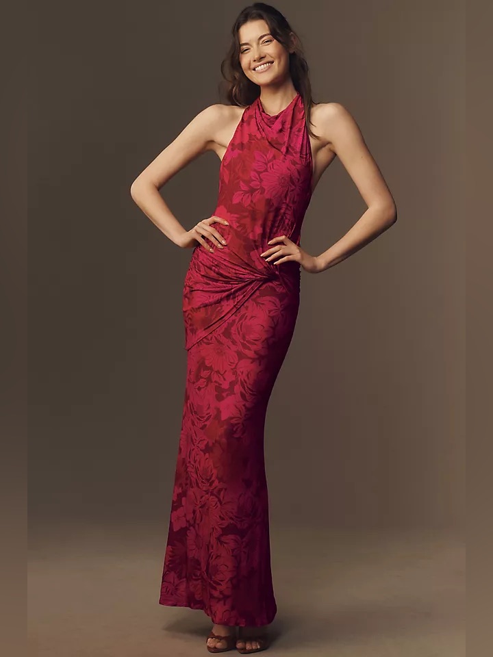 Katie May Leyla Cowled Halter Open-Back Knotted Jersey Maxi Dress Fuscia Xs